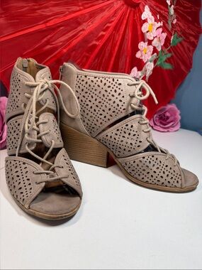 Qupid Taupe Perforated Lace-Up Block Heel Ankle Boots